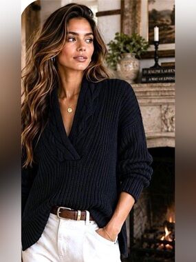 Lauren Ralph Lauren V Neck Draped Shawl Cable Knit Black Sweater Sz S Old Money